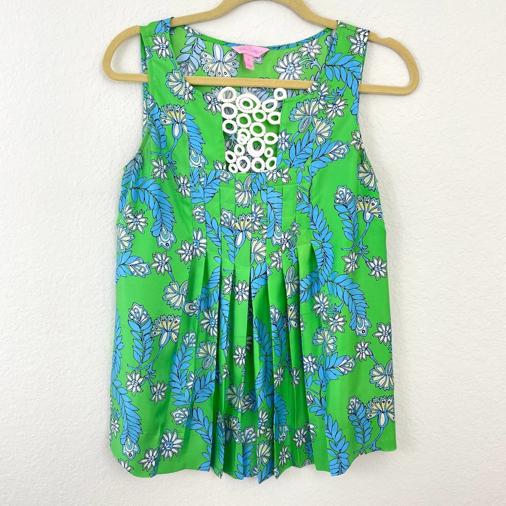 Lilly Pulitzer Women's Silk Pleated Floral Green Blue Tank Top Size 4